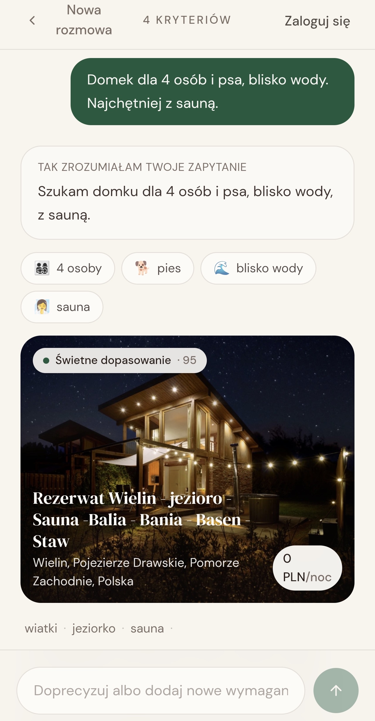 Mobile slow travel prototype screen showing interpreted criteria and a recommended stay.