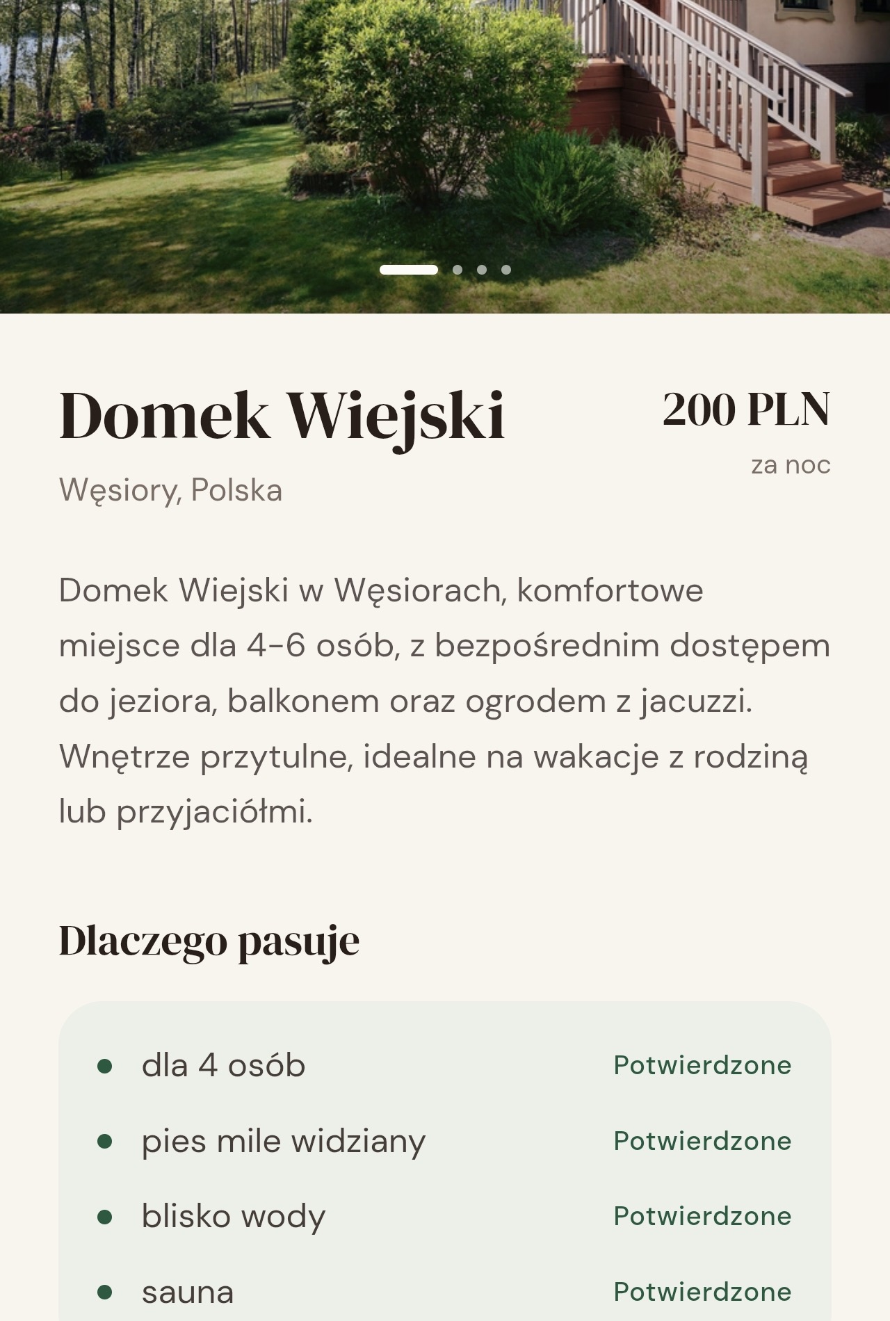 Mobile place detail screen showing why a recommended cottage matches the user’s request.