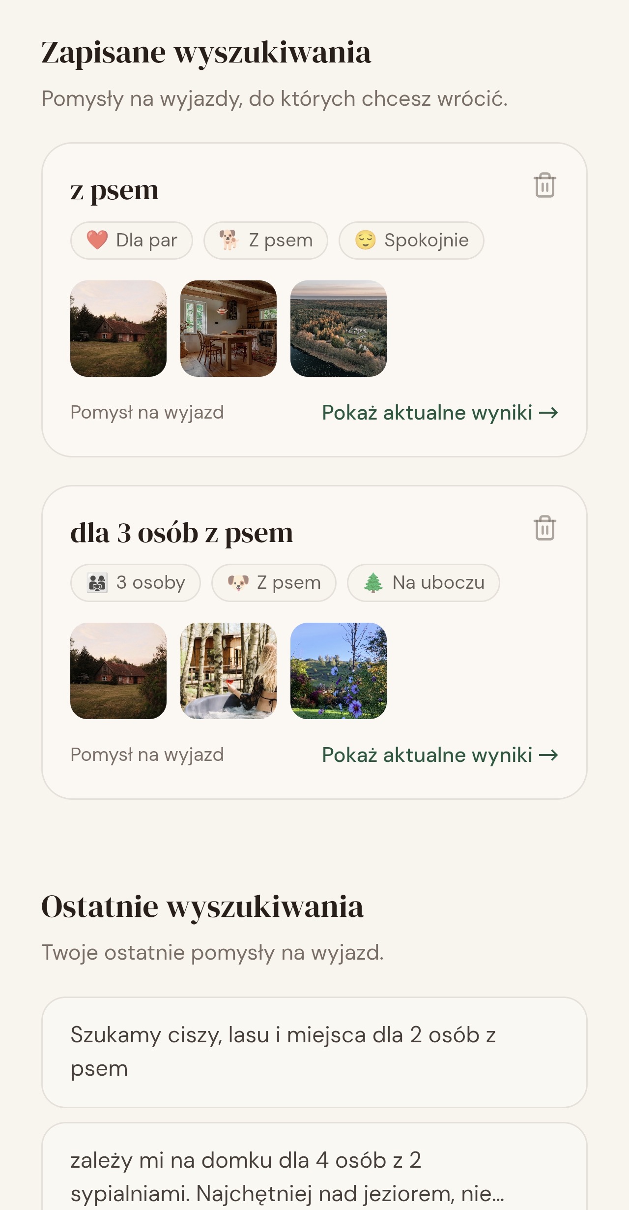 Mobile saved searches screen with preserved travel ideas and matching criteria.
