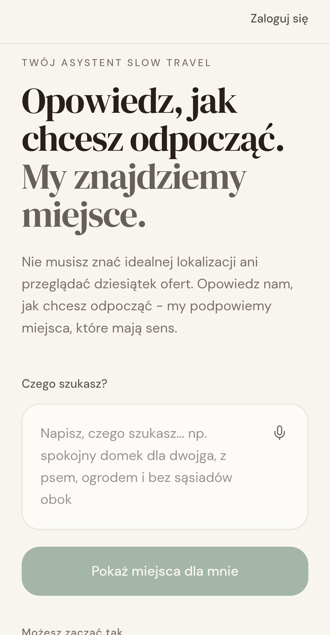 Mobile home screen asking the user to describe how they want to rest.
