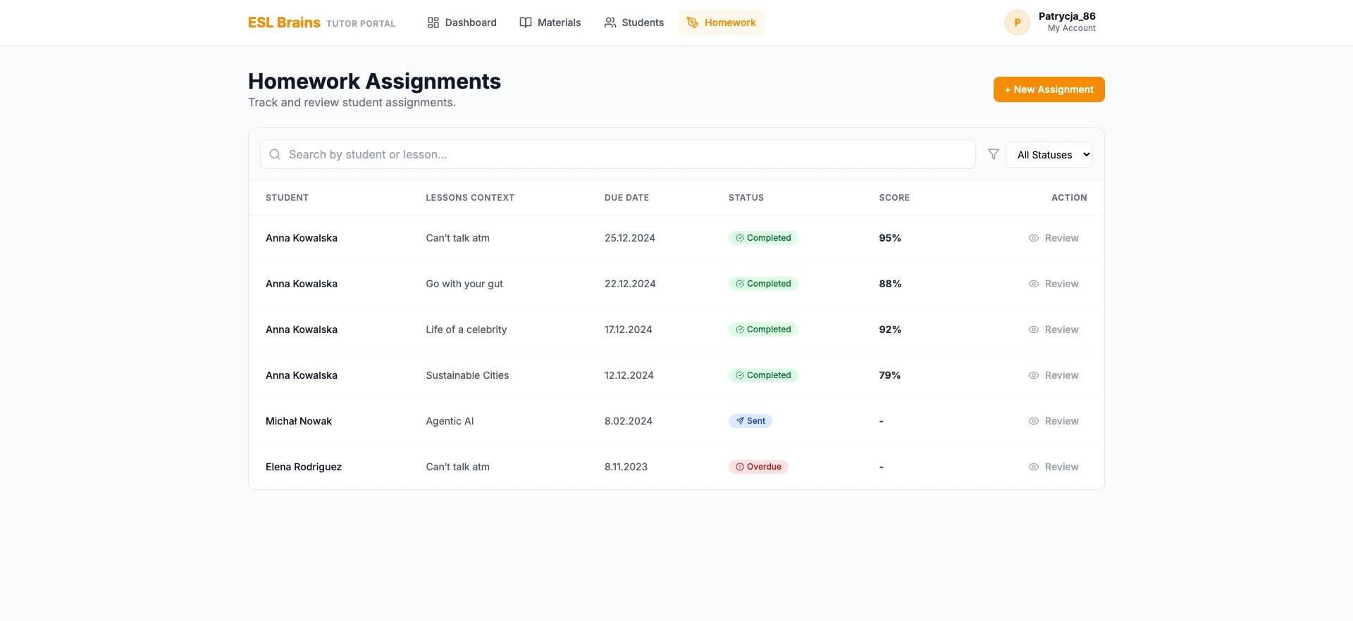 Homework assignments dashboard with student names, lesson context, due date, status, score, and review actions.