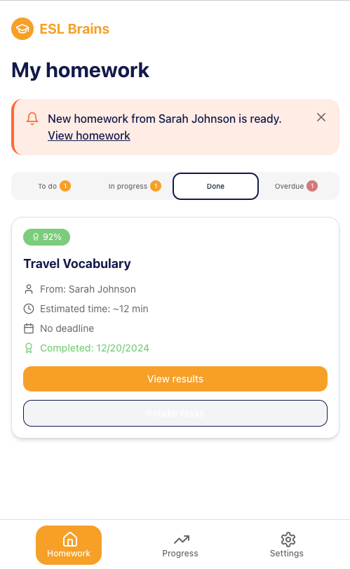 Student mobile homework screen showing a completed assignment with score and results action.