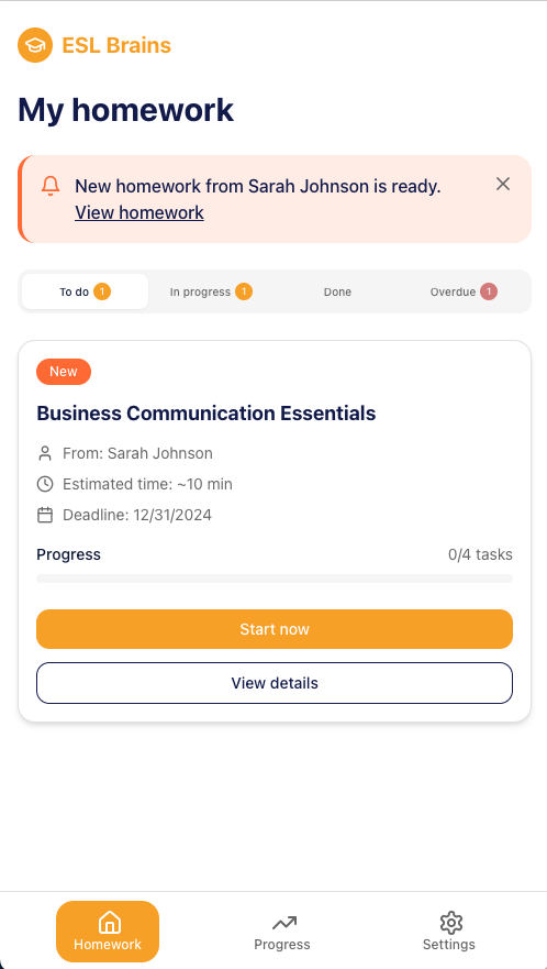 Student mobile homework screen with a new assignment card, status tabs, estimated time, progress, and start action.