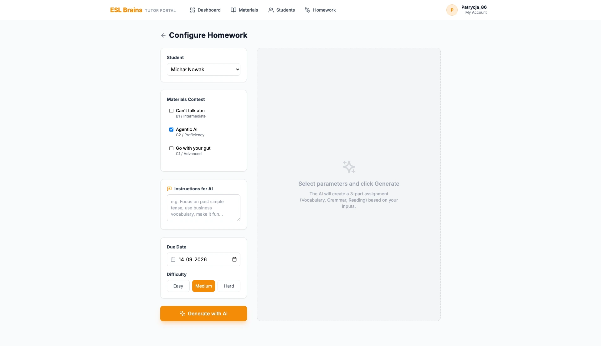 Teacher configure homework screen with student, material context, AI instructions, due date, difficulty, and generate button.