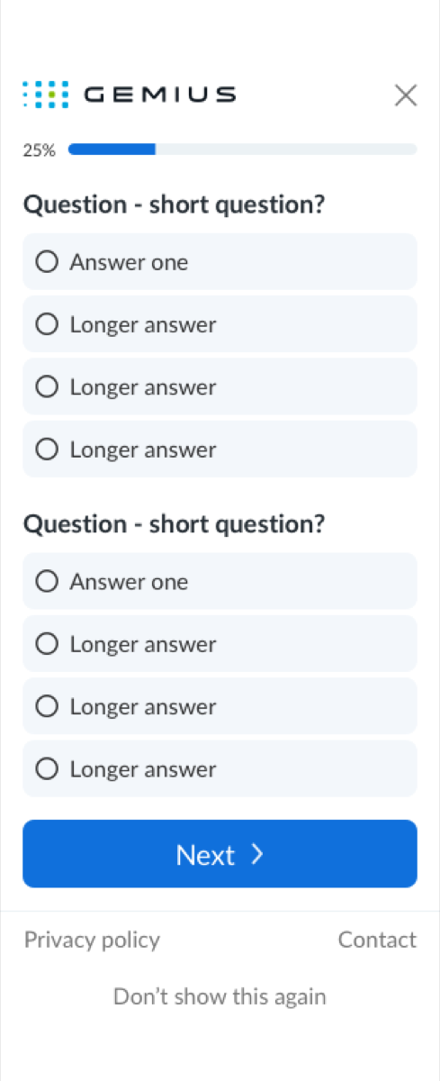 Mobile survey question screen with progress indicator, answer options, and privacy/contact links.