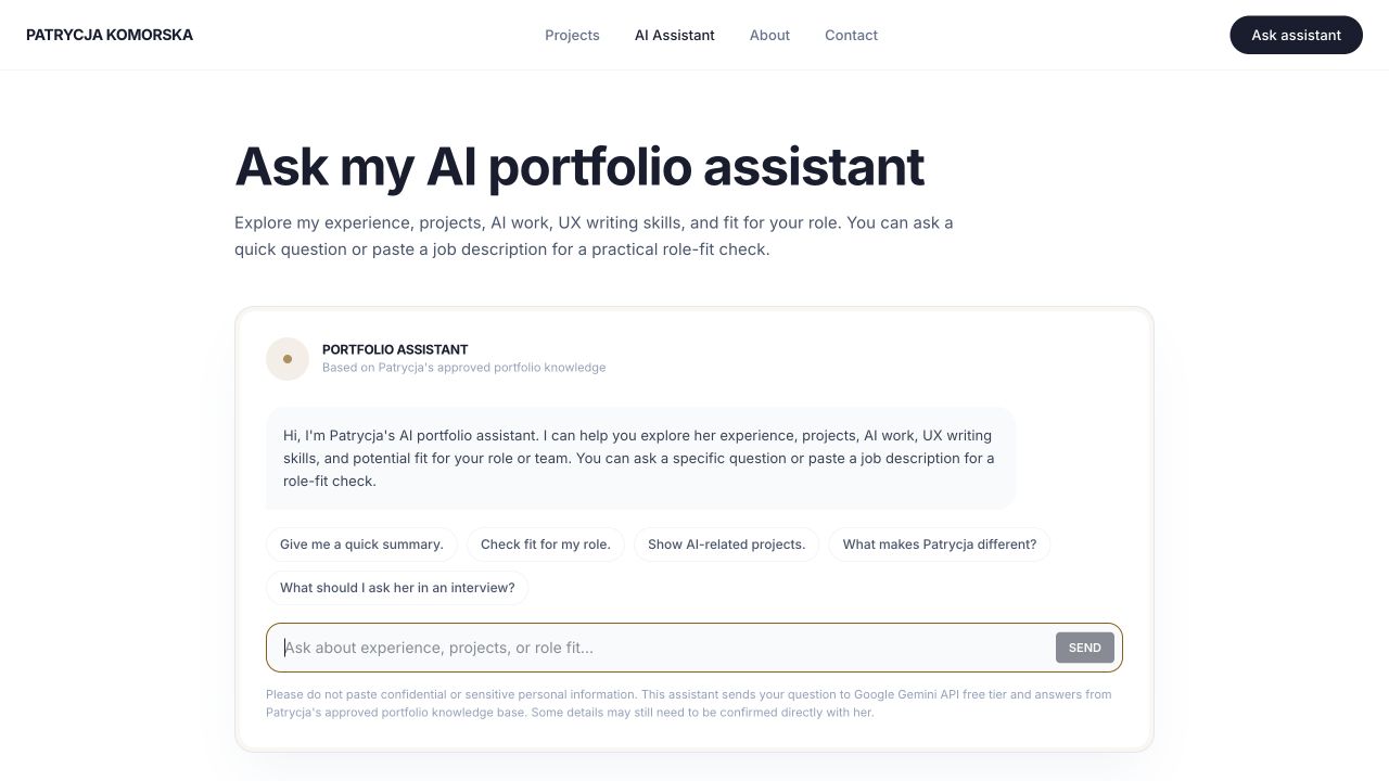 AI portfolio assistant interface with suggested questions and a message input.