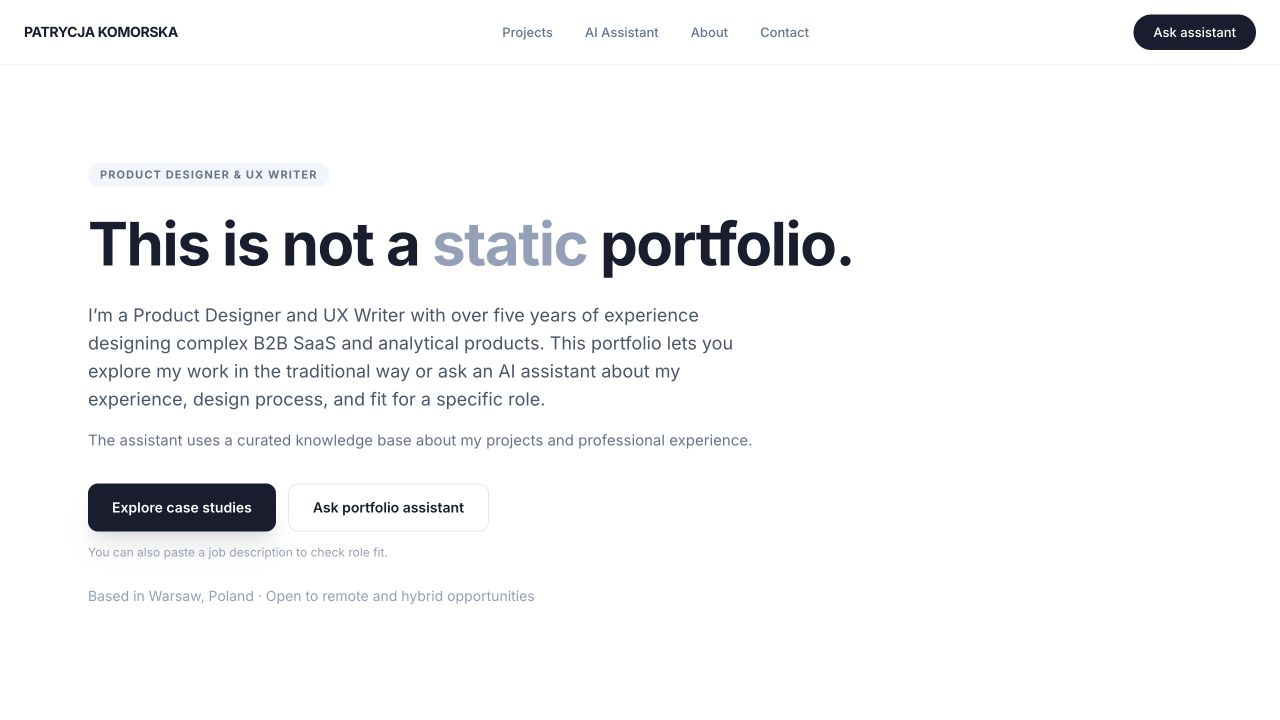 Homepage of Patrycja Komorska's interactive AI portfolio with two paths: explore case studies or ask the assistant.
