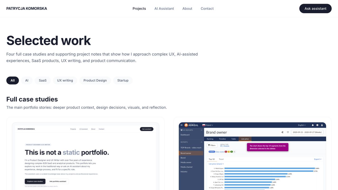Selected work page showing project cards and filters for browsing portfolio case studies.