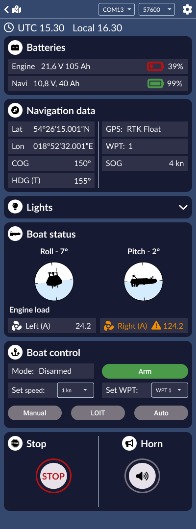 Collapsed-map research boat interface showing only telemetry, status, and control modules.