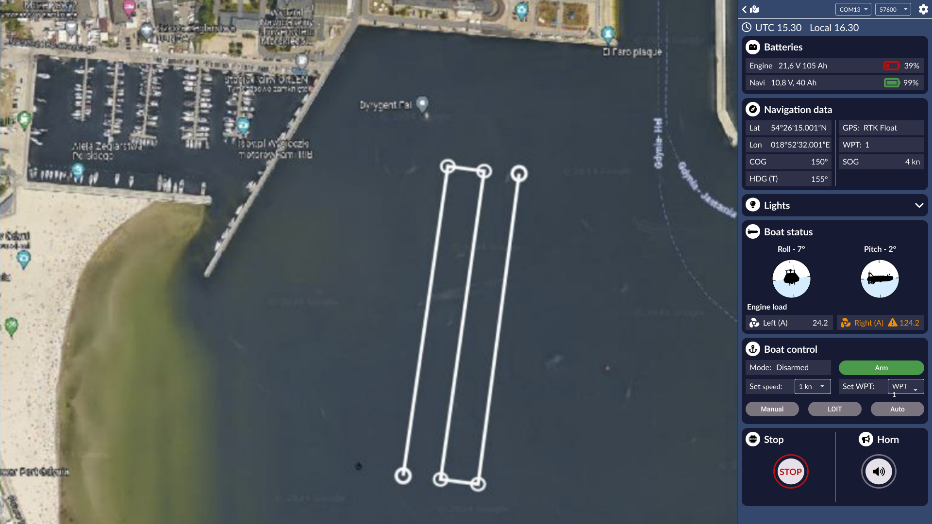 Research boat control interface with map, waypoint route, telemetry, and control modules.