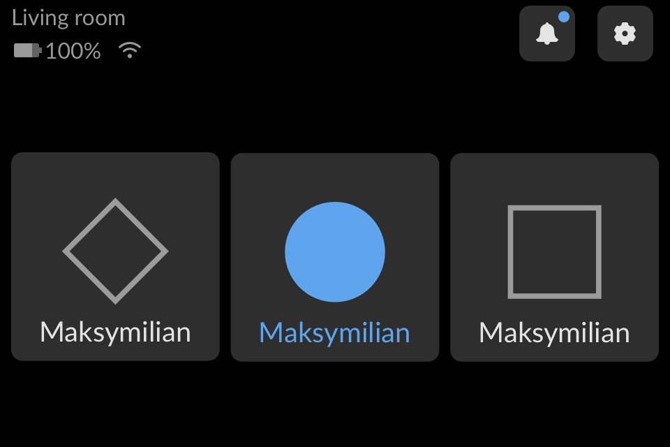 TV viewership measurement device interface with three household member selection cards and status icons.