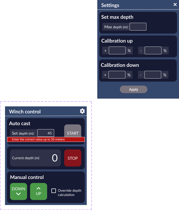 Winch control and settings module with depth input, manual controls, calibration, and validation message.